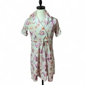 Nine 9 Floral Print Dress Short Sleeve Button Front Belted Career Casual